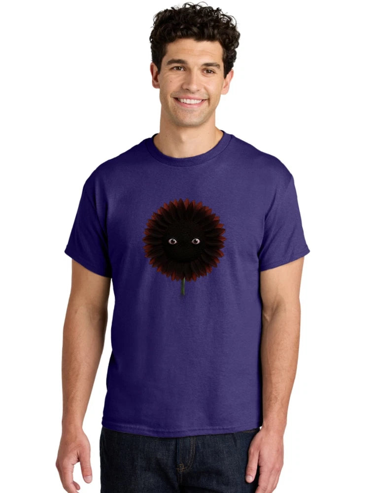 Men’s graphic T-shirt in purple with dark spiky face flower print, short sleeves