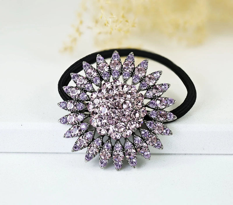 Lilac purple crystal rhinestone sunflower hair tie barrette on black elastic
