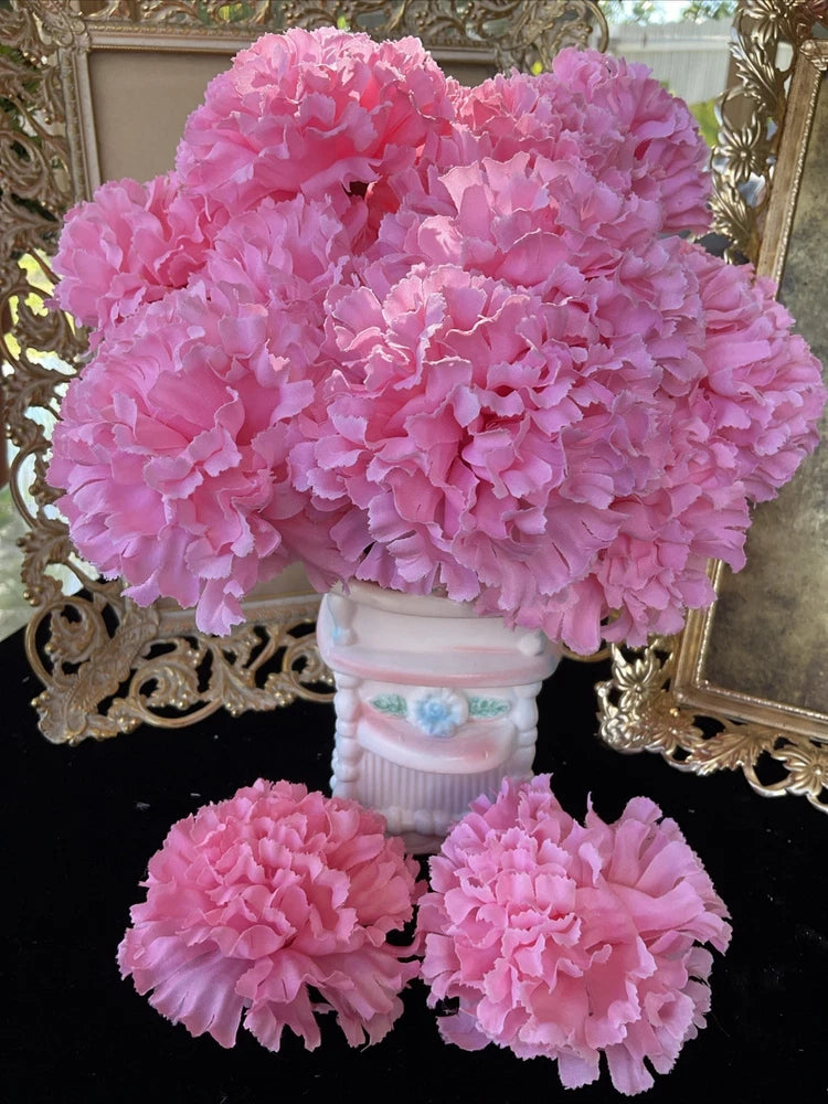 Pink artificial silk carnation flower picks with 3 pom-pom blooms