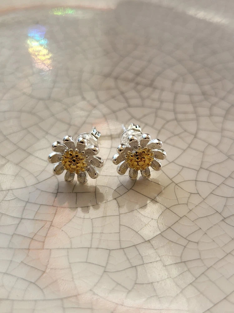 Floral Earrings, Mixed Metals, Sunflower, Daisy Sunflower