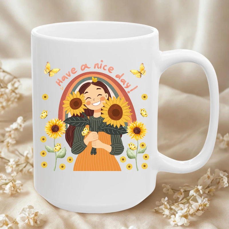 White ceramic mug with cartoon girl, sunflowers, rainbow arch, butterflies and small flowers