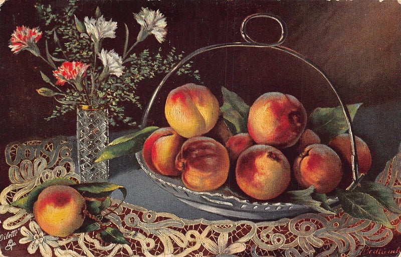 Still life postcard showing fruit basket with peaches and apricots on lace