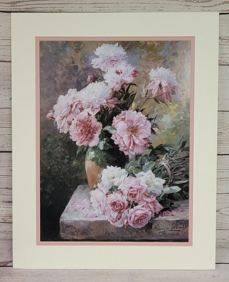 Framed art print of pink and white peonies and roses in a vase