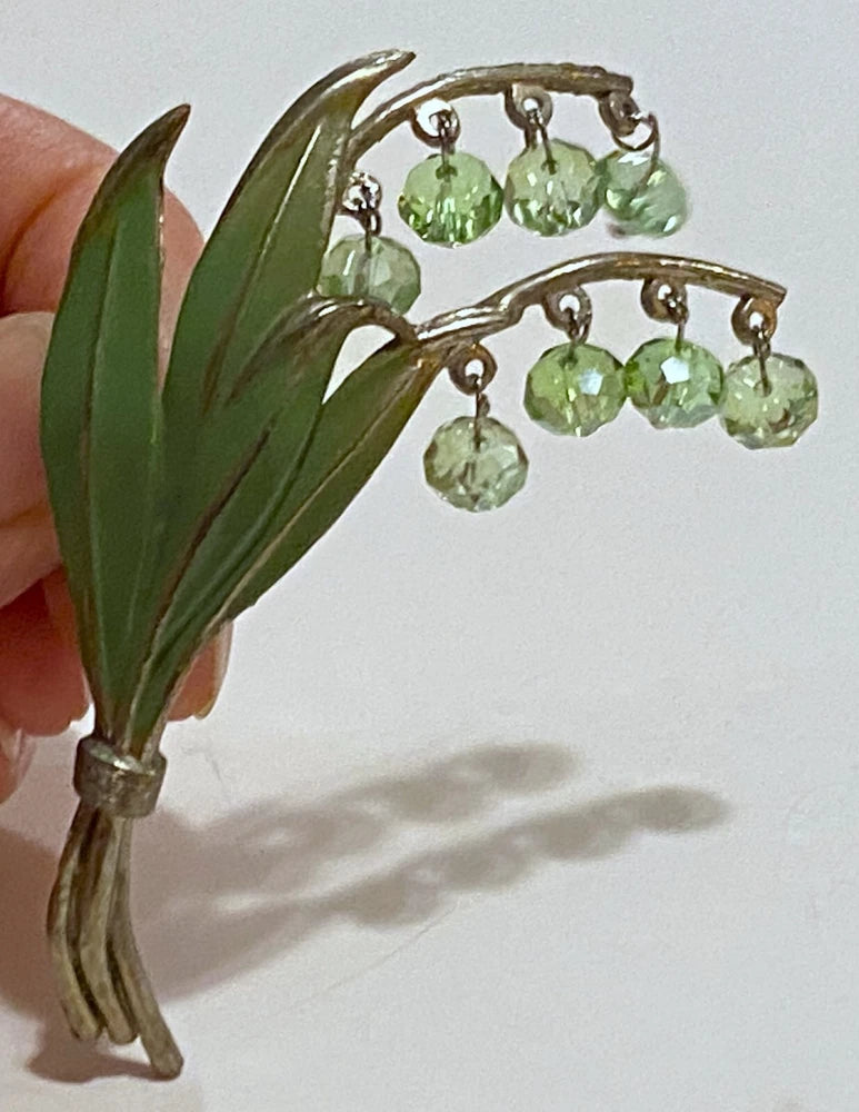 VTG Enamel Pot Metal Lily of Valley Flower Pin W/Green Faceted Dangling Crystals Lily