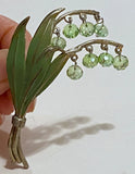 VTG Enamel Pot Metal Lily of Valley Flower Pin W/Green Faceted Dangling Crystals Lily