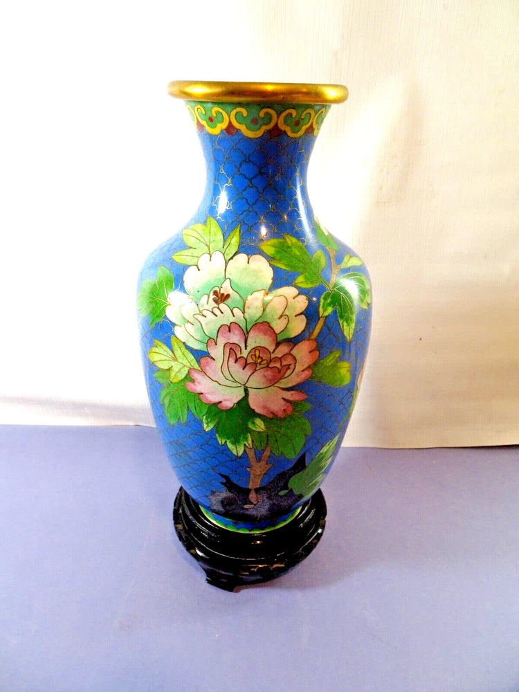 Vintage Brass Inlay & Enamel CHINESE VASE Peony Flower 8-1/2" w/Wood Stand Asian Peony
