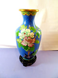 Vintage Brass Inlay & Enamel CHINESE VASE Peony Flower 8-1/2" w/Wood Stand Asian Peony