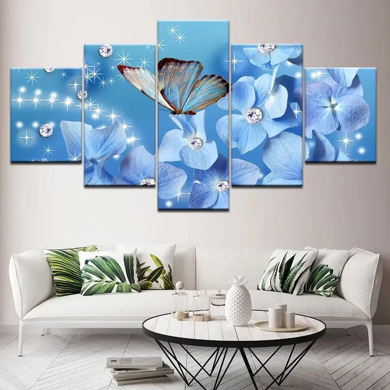 Elegant Flowers Blue Hydrangea And Butterfly 5 Piece Panel Canvas Wall Art Decor Hydrangea