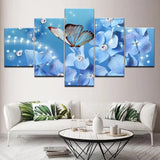 Elegant Flowers Blue Hydrangea And Butterfly 5 Piece Panel Canvas Wall Art Decor Hydrangea