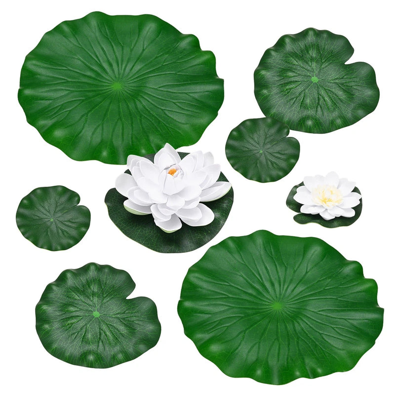 1-Set Artificial Foam Lotus Flower with Water Lily Pad, 4/7/11" [White] Lily