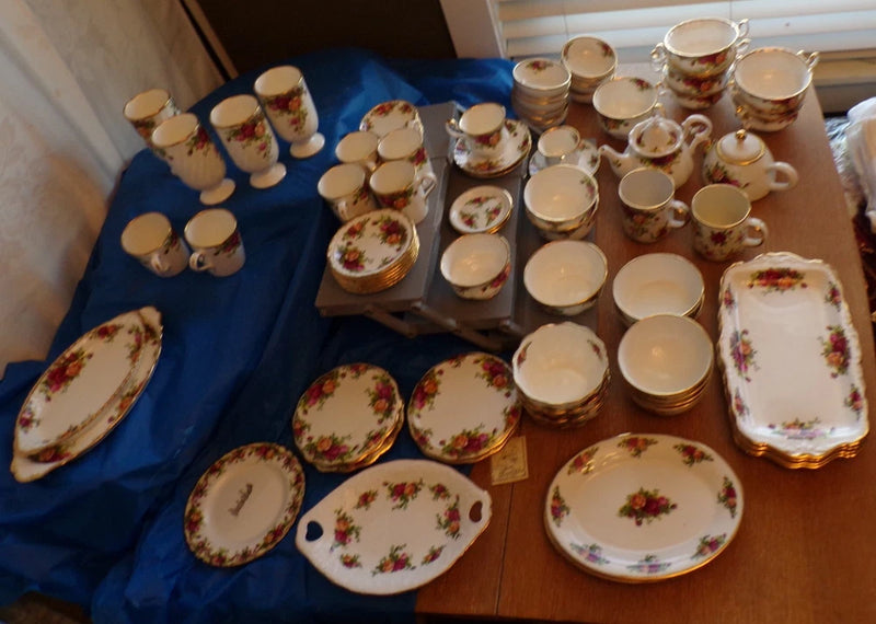 Porcelain Old Country Roses cups, saucers, and small serving trays, floral pattern