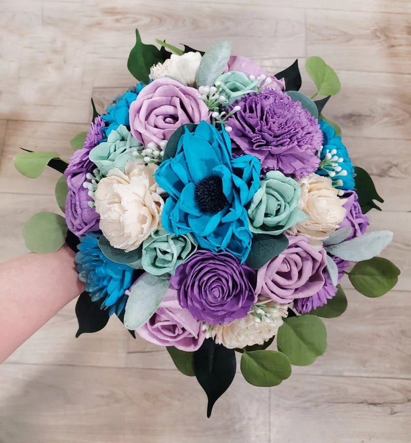 Turquoise & Lavender Bridal Bouquet Sola Wood Bridesmaid Flowers Sage Eucalyptus Carnation