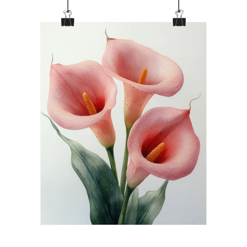 Minimalist calla lily flower art print poster with pink blooms and green leaves