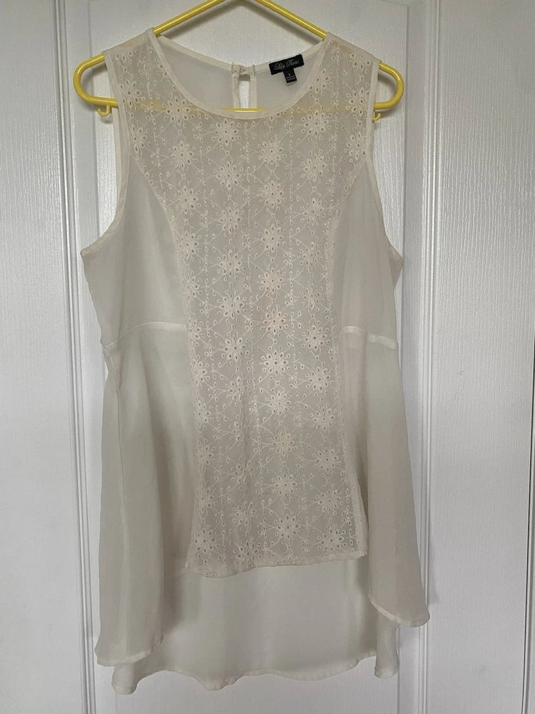 Lily Rose Floral Lace Embroidered Front Round Neck Sheer Ivory Women Top Size L Lily