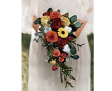 Fall Cascade Wood Bridal Bouquet Orange Burgundy Sunflower BOHO Wedding Flowers Bouquet