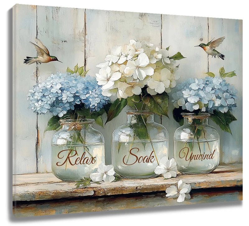 Retro Hummingbird Blue Hydrangea Flower Canvas Wall Art for Bathroom Living Room Hydrangea