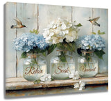 Retro Hummingbird Blue Hydrangea Flower Canvas Wall Art for Bathroom Living Room Hydrangea