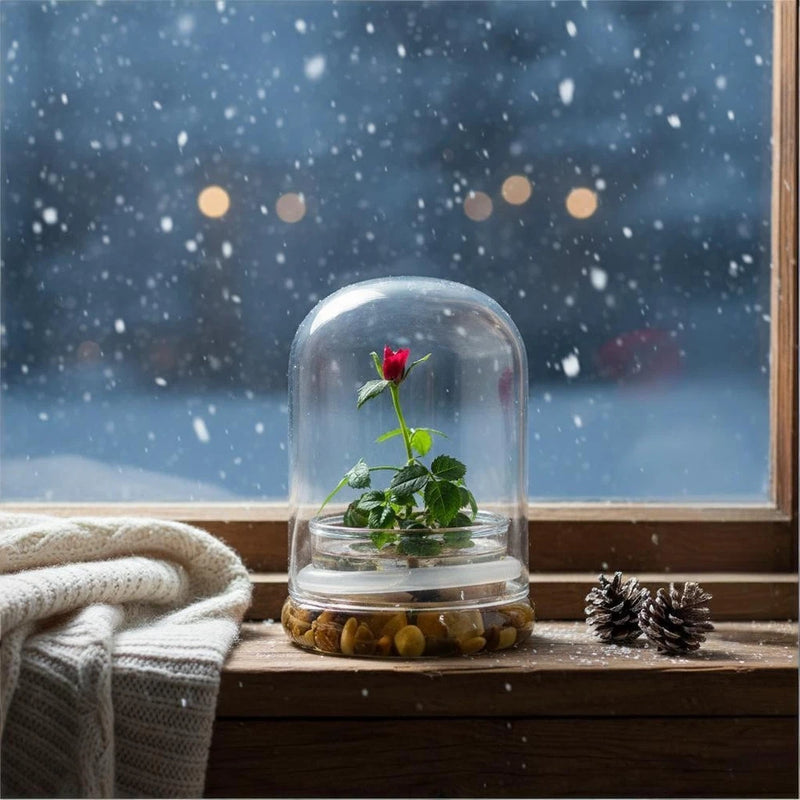 Small glass jar terrarium with miniature rose plant and pebble base