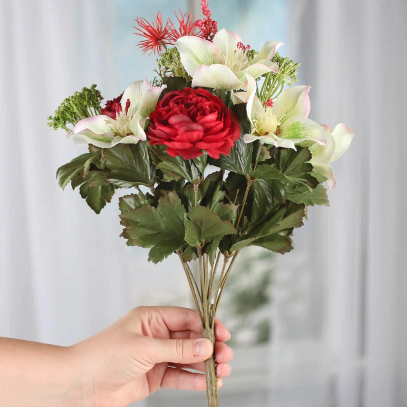 16" Artificial Holiday Dahlia and Ranunculus Floral Bush Ranunculus