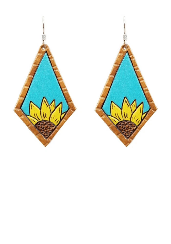 Leather Sunflower Earrings -Turquoise/Yellow Sunflower