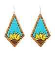 Leather Sunflower Earrings -Turquoise/Yellow Sunflower