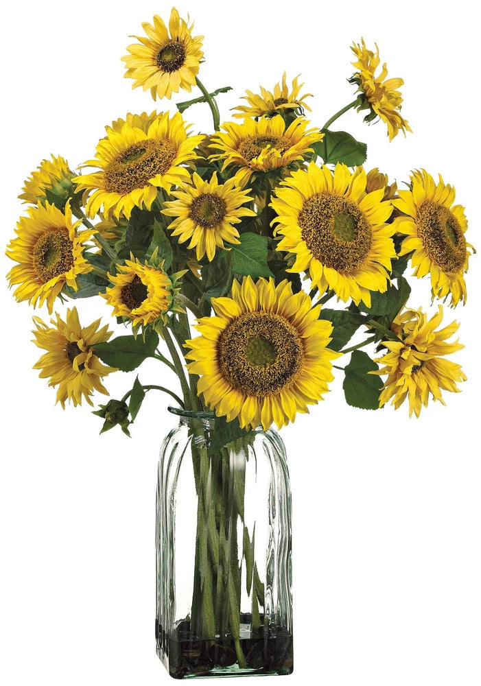 Yellow Sunflower 30" High Faux Flowers in Glass Vase Sunflower
