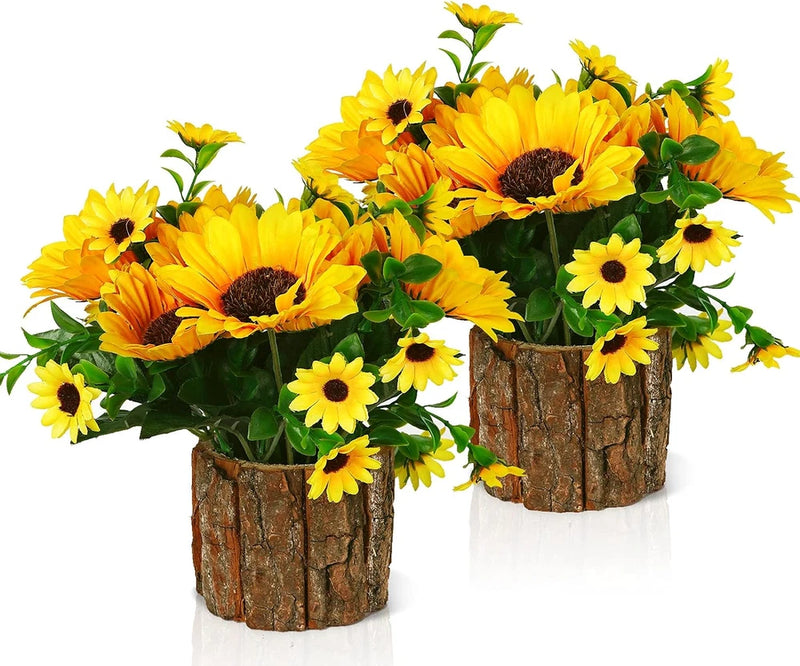 Artificial silk-look sunflower bouquet in two small bark-texture planters, orange and yellow blooms