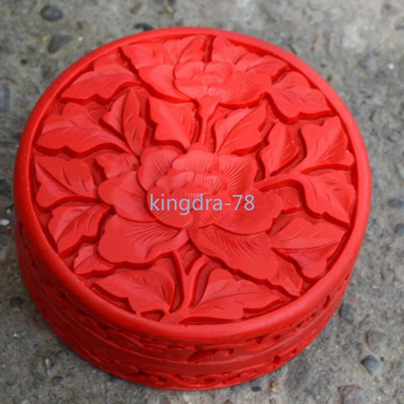 Red lacquer peony jewelry box lid with embossed flower relief