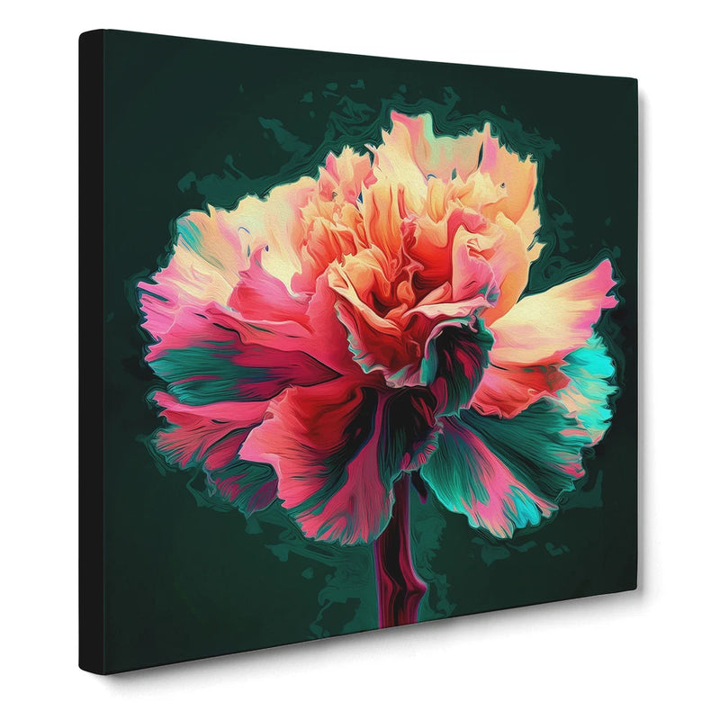 Framed canvas wall art print of a colorful glitch carnation flower on dark green