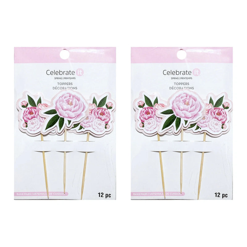 Pink peony cupcake toppers on gold picks, 12-count flower decorations