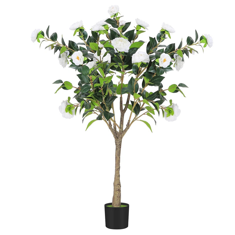 4FT Artificial Camellia Tree Fake Plant w/White Flowers for Indoor Outdoor Decor Green Plant