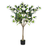 4FT Artificial Camellia Tree Fake Plant w/White Flowers for Indoor Outdoor Decor Green Plant