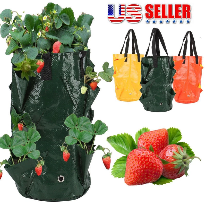 Dark green hanging grow bag planter pouch with circular grommet and handles