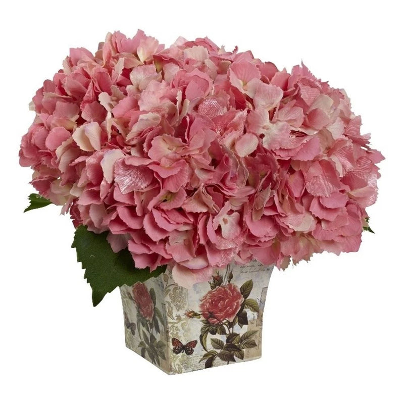 Nearly Natural Hydrangea Silk Arrangement with Floral Planter in Pink Hydrangea