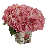 Nearly Natural Hydrangea Silk Arrangement with Floral Planter in Pink Hydrangea