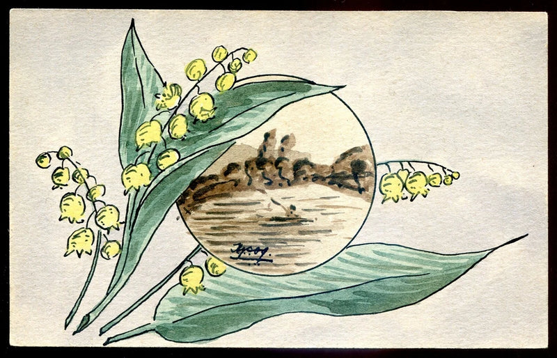 Hand-painted postcard with lily of the valley flowers and circular landscape inset