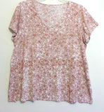EUC PURE JILL(J JILL) SIDE SLIT V NECK PIMA ELLIPTICAL TEE-XL-OFF WHITE/PINK Roses