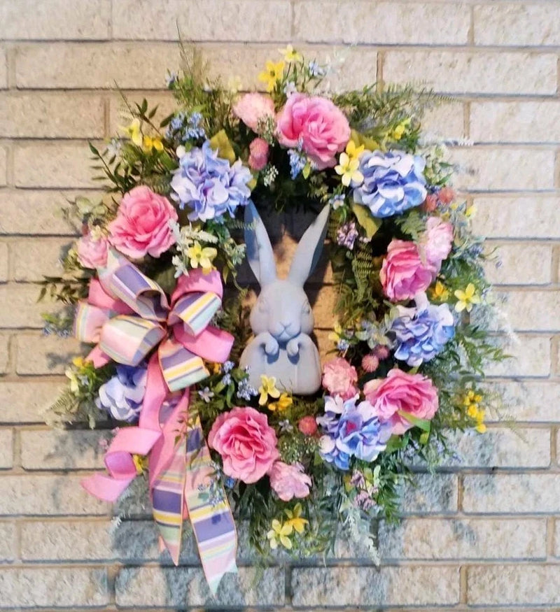 Spring Flower Wreath  Bunny Rabbit Door Decoration Hydrangea Wall Hanging Easter Hydrangea