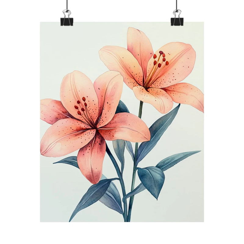 Pink lily flower art print poster with two blossoms and green-blue leaves