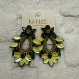Statement Two Tone Green and Yellow Beaded Earrings, Floral Sunflower Oversized Sunflower