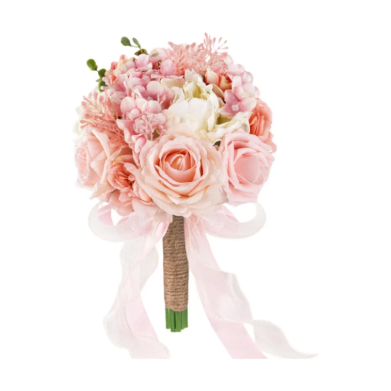 Silk rose bridesmaid bouquet with pink blooms, white ribbon streamers, and burlap-wrapped stem