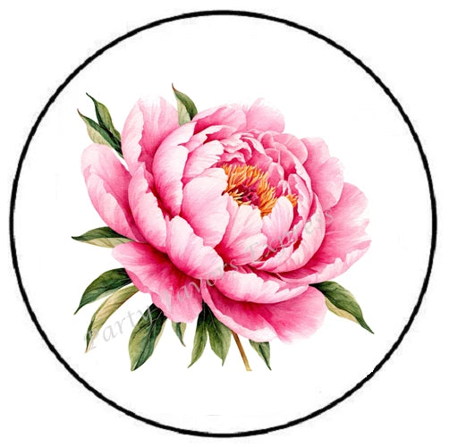 Pink peony flower envelope seal sticker with pink blooms and green leaves in a circle