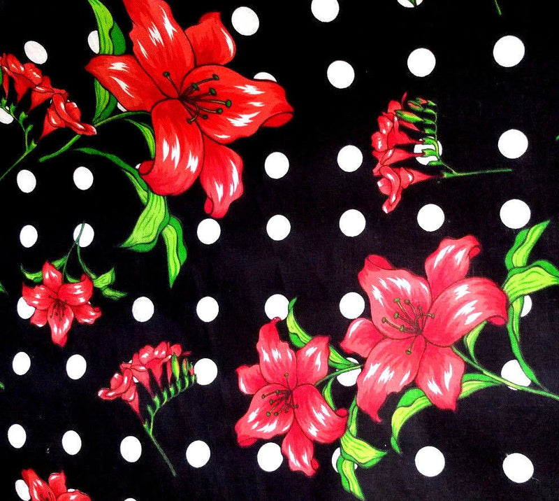 RED STARGAZER LILYS FLORAL WHITE DOT BLACK POLY COTTON FABRIC Broadcloth 60" BTY Flowering Plants