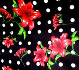 RED STARGAZER LILYS FLORAL WHITE DOT BLACK POLY COTTON FABRIC Broadcloth 60" BTY Flowering Plants