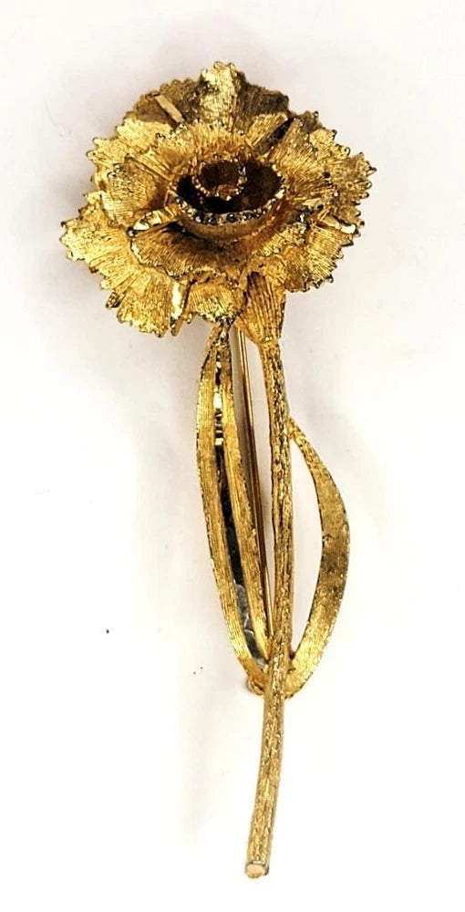 Vintage Signed BSK Gold tone Textured Large CARNATION FLOWER Shape Pin Brooch Carnation