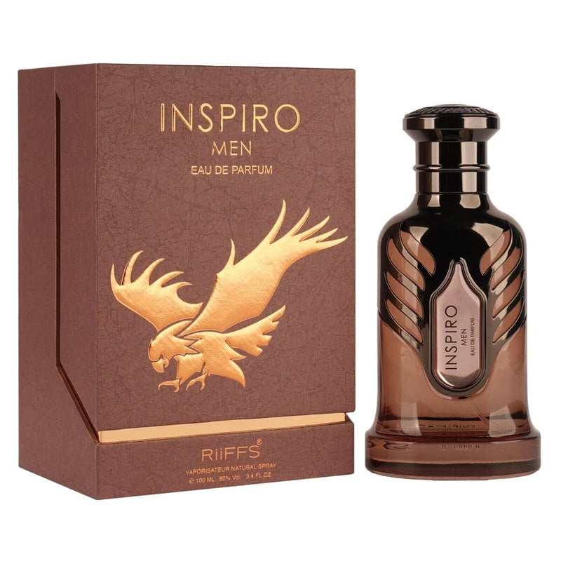 Inspiro by Riiffs men's eau de parfum spray: dark bottle with gold cap, brown box