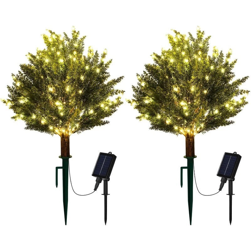 2PCS Artificial Cedar Trees with Solar Lights Outdoor, 25 Inch Faux Topiary Tree Green Plant