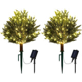 2PCS Artificial Cedar Trees with Solar Lights Outdoor, 25 Inch Faux Topiary Tree Green Plant
