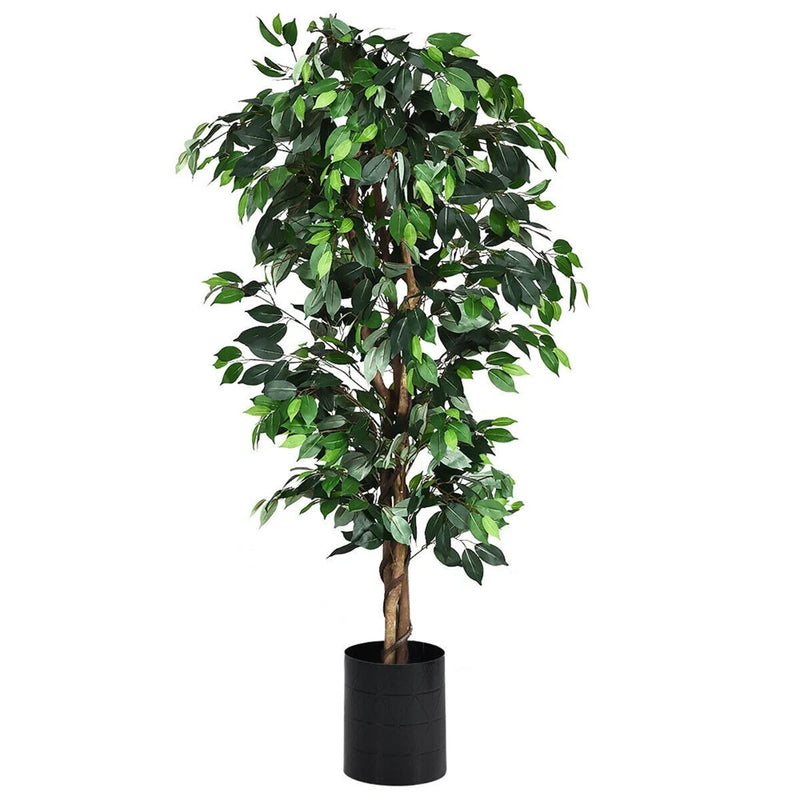 Artificial ficus tree with dense green leaves in black planter pot