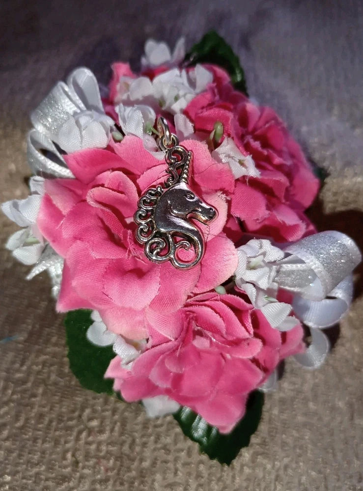 NEW 4" Long Artificial Hot Pink Rose Wrist Corsage With Metal Unicorn Charm Bouquet